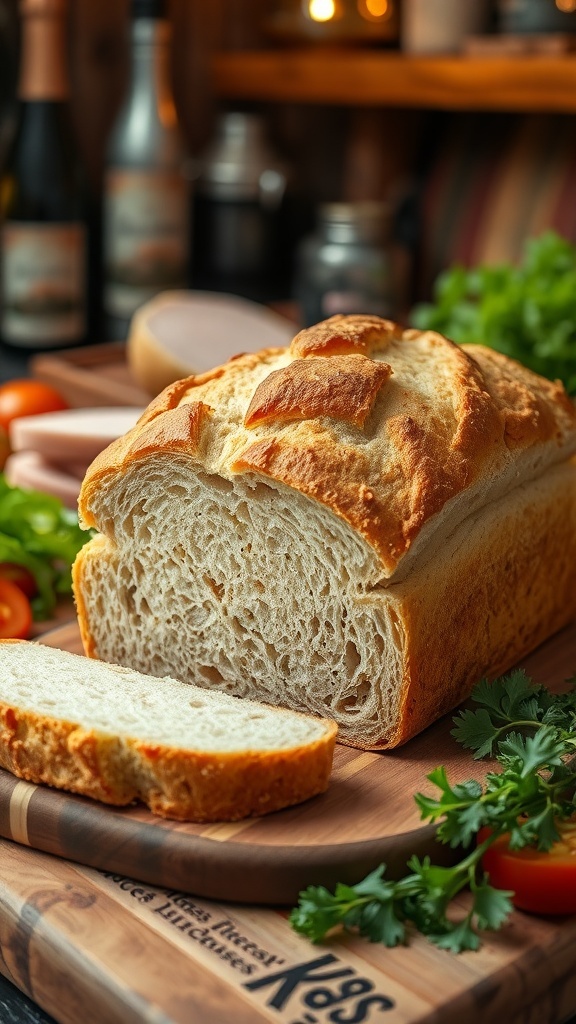 A golden-brown loaf of Khorasan sandwich bread sliced on a wooden board, surrounded by fresh sandwich ingredients.